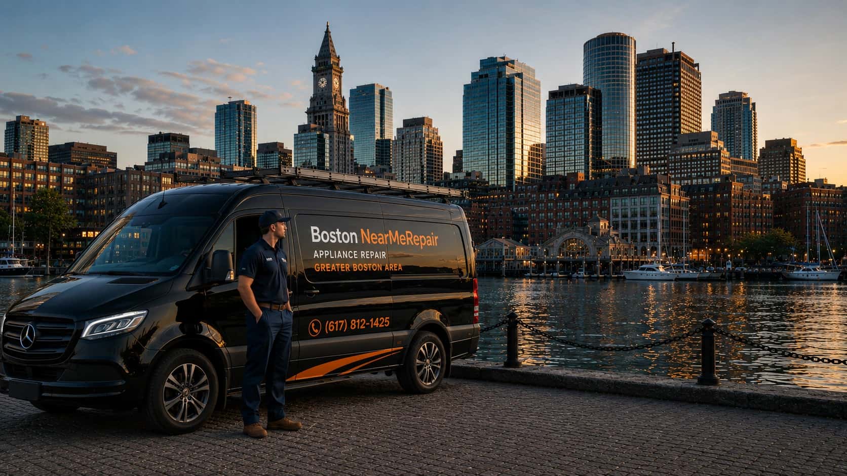 A Boston Near Me Repair van and technician on the Boston waterfront at dusk, with the downtown skyline behind.